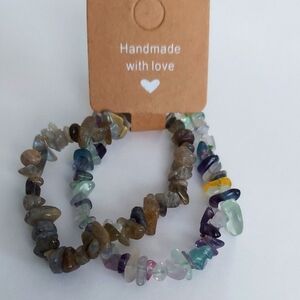 2pcs Natural Fluoride and Labradorite Gemstone Chip Bracelets Set